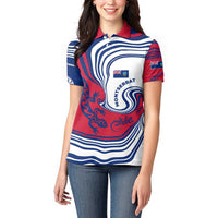 Montserrat Women Polo Shirt with Gecko Illustration Red Blue Wavy Line Design - Wonder Print Shop