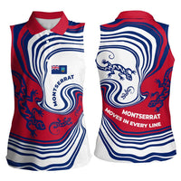 Montserrat Women Sleeveless Polo Shirt with Gecko Illustration Red Blue Wavy Line Design - Wonder Print Shop