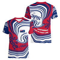 Montserrat Women V-Neck T-Shirt with Gecko Illustration Red Blue Wavy Line Design - Wonder Print Shop