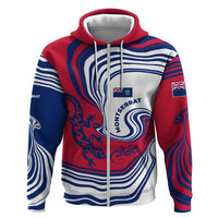 Montserrat Zip Hoodie with Gecko Illustration Red Blue Wavy Line Design - Wonder Print Shop