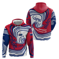 Montserrat Zip Hoodie with Gecko Illustration Red Blue Wavy Line Design - Wonder Print Shop