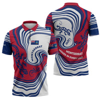 Montserrat Zipper Polo Shirt with Gecko Illustration Red Blue Wavy Line Design - Wonder Print Shop