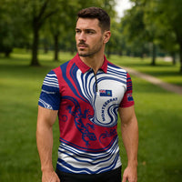 Montserrat Zipper Polo Shirt with Gecko Illustration Red Blue Wavy Line Design - Wonder Print Shop