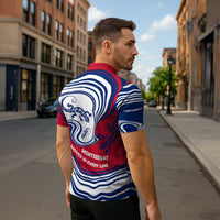 Montserrat Zipper Polo Shirt with Gecko Illustration Red Blue Wavy Line Design - Wonder Print Shop