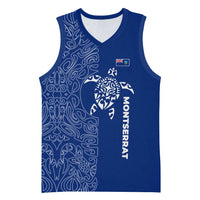 Montserrat Basketball Jersey with Tribal Sea Turtle Illustration Blue Polynesian Pattern Design - Wonder Print Shop