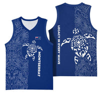 Montserrat Basketball Jersey with Tribal Sea Turtle Illustration Blue Polynesian Pattern Design - Wonder Print Shop