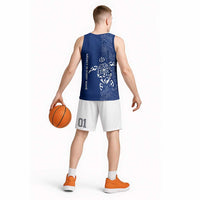 Montserrat Basketball Jersey with Tribal Sea Turtle Illustration Blue Polynesian Pattern Design - Wonder Print Shop