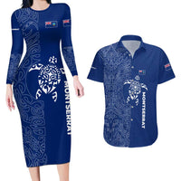 Montserrat Couples Matching Long Sleeve Bodycon Dress and Hawaiian Shirt with Tribal Sea Turtle Illustration Blue Polynesian Pattern Design - Wonder Print Shop