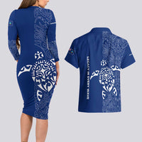 Montserrat Couples Matching Long Sleeve Bodycon Dress and Hawaiian Shirt with Tribal Sea Turtle Illustration Blue Polynesian Pattern Design - Wonder Print Shop