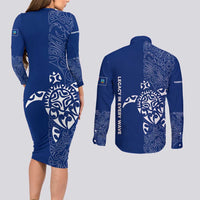 Montserrat Couples Matching Long Sleeve Bodycon Dress and Long Sleeve Button Shirt with Tribal Sea Turtle Illustration Blue Polynesian Pattern Design - Wonder Print Shop