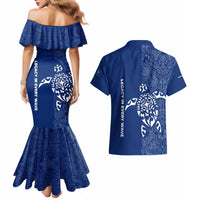 Montserrat Couples Matching Mermaid Dress and Hawaiian Shirt with Tribal Sea Turtle Illustration Blue Polynesian Pattern Design - Wonder Print Shop