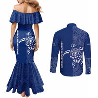 Montserrat Couples Matching Mermaid Dress and Long Sleeve Button Shirt with Tribal Sea Turtle Illustration Blue Polynesian Pattern Design - Wonder Print Shop