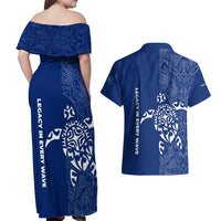 Montserrat Couples Matching Off Shoulder Maxi Dress and Hawaiian Shirt with Tribal Sea Turtle Illustration Blue Polynesian Pattern Design - Wonder Print Shop