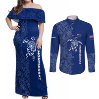 Montserrat Couples Matching Off Shoulder Maxi Dress and Long Sleeve Button Shirt with Tribal Sea Turtle Illustration Blue Polynesian Pattern Design - Wonder Print Shop
