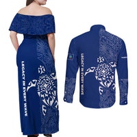 Montserrat Couples Matching Off Shoulder Maxi Dress and Long Sleeve Button Shirt with Tribal Sea Turtle Illustration Blue Polynesian Pattern Design - Wonder Print Shop