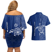 Montserrat Couples Matching Off Shoulder Short Dress and Hawaiian Shirt with Tribal Sea Turtle Illustration Blue Polynesian Pattern Design - Wonder Print Shop
