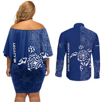 Montserrat Couples Matching Off Shoulder Short Dress and Long Sleeve Button Shirt with Tribal Sea Turtle Illustration Blue Polynesian Pattern Design - Wonder Print Shop