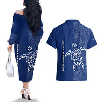 Montserrat Couples Matching Off The Shoulder Long Sleeve Dress and Hawaiian Shirt with Tribal Sea Turtle Illustration Blue Polynesian Pattern Design - Wonder Print Shop