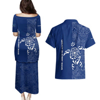 Montserrat Couples Matching Puletasi and Hawaiian Shirt with Tribal Sea Turtle Illustration Blue Polynesian Pattern Design - Wonder Print Shop