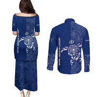 Montserrat Couples Matching Puletasi and Long Sleeve Button Shirt with Tribal Sea Turtle Illustration Blue Polynesian Pattern Design - Wonder Print Shop