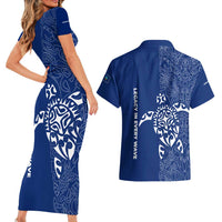 Montserrat Couples Matching Short Sleeve Bodycon Dress and Hawaiian Shirt with Tribal Sea Turtle Illustration Blue Polynesian Pattern Design - Wonder Print Shop