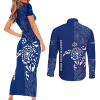 Montserrat Couples Matching Short Sleeve Bodycon Dress and Long Sleeve Button Shirt with Tribal Sea Turtle Illustration Blue Polynesian Pattern Design - Wonder Print Shop