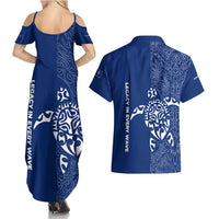 Montserrat Couples Matching Summer Maxi Dress and Hawaiian Shirt with Tribal Sea Turtle Illustration Blue Polynesian Pattern Design - Wonder Print Shop