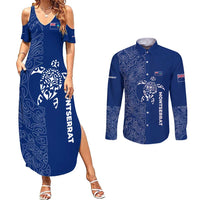 Montserrat Couples Matching Summer Maxi Dress and Long Sleeve Button Shirt with Tribal Sea Turtle Illustration Blue Polynesian Pattern Design - Wonder Print Shop