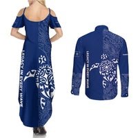 Montserrat Couples Matching Summer Maxi Dress and Long Sleeve Button Shirt with Tribal Sea Turtle Illustration Blue Polynesian Pattern Design - Wonder Print Shop