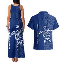 Montserrat Couples Matching Tank Maxi Dress and Hawaiian Shirt with Tribal Sea Turtle Illustration Blue Polynesian Pattern Design - Wonder Print Shop