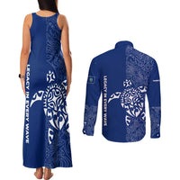 Montserrat Couples Matching Tank Maxi Dress and Long Sleeve Button Shirt with Tribal Sea Turtle Illustration Blue Polynesian Pattern Design - Wonder Print Shop
