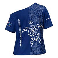 Montserrat Cross Shoulder Shirt with Tribal Sea Turtle Illustration Blue Polynesian Pattern Design - Wonder Print Shop