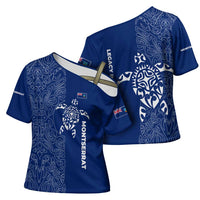 Montserrat Cross Shoulder Shirt with Tribal Sea Turtle Illustration Blue Polynesian Pattern Design - Wonder Print Shop
