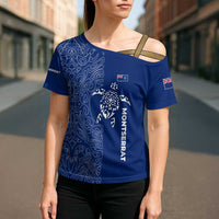 Montserrat Cross Shoulder Shirt with Tribal Sea Turtle Illustration Blue Polynesian Pattern Design - Wonder Print Shop