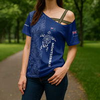 Montserrat Cross Shoulder Shirt with Tribal Sea Turtle Illustration Blue Polynesian Pattern Design - Wonder Print Shop