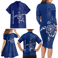 Montserrat Family Matching Long Sleeve Bodycon Dress and Hawaiian Shirt with Tribal Sea Turtle Illustration Blue Polynesian Pattern Design - Wonder Print Shop