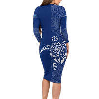 Montserrat Family Matching Long Sleeve Bodycon Dress and Hawaiian Shirt with Tribal Sea Turtle Illustration Blue Polynesian Pattern Design - Wonder Print Shop