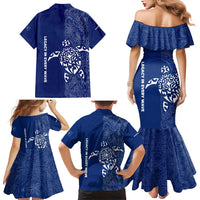 Montserrat Family Matching Mermaid Dress and Hawaiian Shirt with Tribal Sea Turtle Illustration Blue Polynesian Pattern Design - Wonder Print Shop