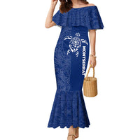 Montserrat Family Matching Mermaid Dress and Hawaiian Shirt with Tribal Sea Turtle Illustration Blue Polynesian Pattern Design - Wonder Print Shop