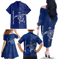 Montserrat Family Matching Off The Shoulder Long Sleeve Dress and Hawaiian Shirt with Tribal Sea Turtle Illustration Blue Polynesian Pattern Design - Wonder Print Shop