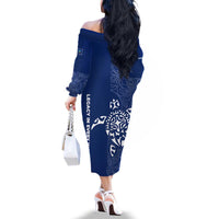 Montserrat Family Matching Off The Shoulder Long Sleeve Dress and Hawaiian Shirt with Tribal Sea Turtle Illustration Blue Polynesian Pattern Design - Wonder Print Shop