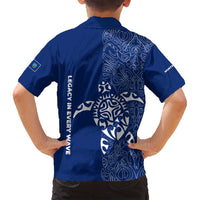 Montserrat Family Matching Off Shoulder Maxi Dress and Hawaiian Shirt with Tribal Sea Turtle Illustration Blue Polynesian Pattern Design - Wonder Print Shop