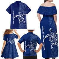 Montserrat Family Matching Off Shoulder Maxi Dress and Hawaiian Shirt with Tribal Sea Turtle Illustration Blue Polynesian Pattern Design - Wonder Print Shop