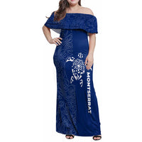 Montserrat Family Matching Off Shoulder Maxi Dress and Hawaiian Shirt with Tribal Sea Turtle Illustration Blue Polynesian Pattern Design - Wonder Print Shop