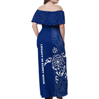 Montserrat Family Matching Off Shoulder Maxi Dress and Hawaiian Shirt with Tribal Sea Turtle Illustration Blue Polynesian Pattern Design - Wonder Print Shop