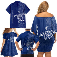 Montserrat Family Matching Off Shoulder Short Dress and Hawaiian Shirt with Tribal Sea Turtle Illustration Blue Polynesian Pattern Design - Wonder Print Shop