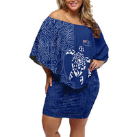 Montserrat Family Matching Off Shoulder Short Dress and Hawaiian Shirt with Tribal Sea Turtle Illustration Blue Polynesian Pattern Design - Wonder Print Shop