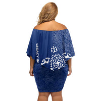 Montserrat Family Matching Off Shoulder Short Dress and Hawaiian Shirt with Tribal Sea Turtle Illustration Blue Polynesian Pattern Design - Wonder Print Shop