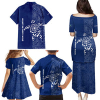 Montserrat Family Matching Puletasi and Hawaiian Shirt with Tribal Sea Turtle Illustration Blue Polynesian Pattern Design - Wonder Print Shop