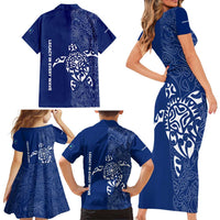 Montserrat Family Matching Short Sleeve Bodycon Dress and Hawaiian Shirt with Tribal Sea Turtle Illustration Blue Polynesian Pattern Design - Wonder Print Shop